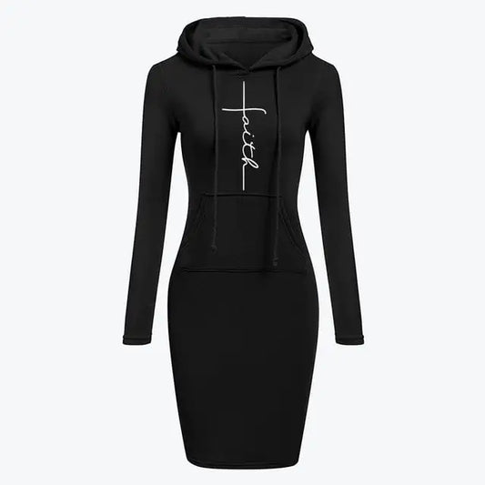 Faith - Black - Long-Sleeved Hoodie Dress for Women in Autumn Winter.