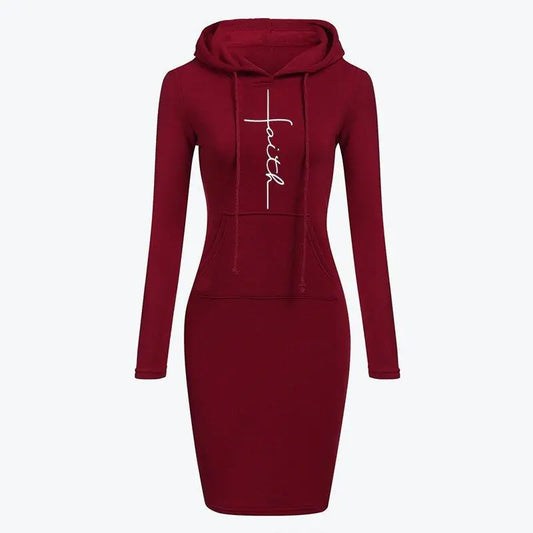 Faith - Red - Autumn Winter Women's Long-Sleeved Hoodie Dress.