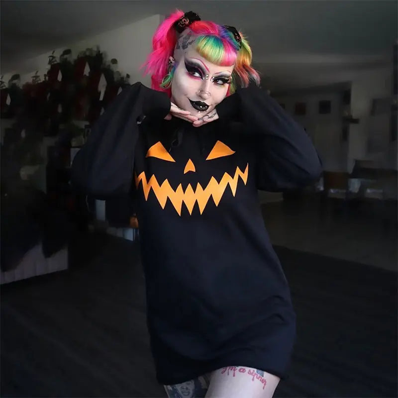 Women’s Pumpkin Print Dress | Halloween Hooded Long Sleeve Outfit
