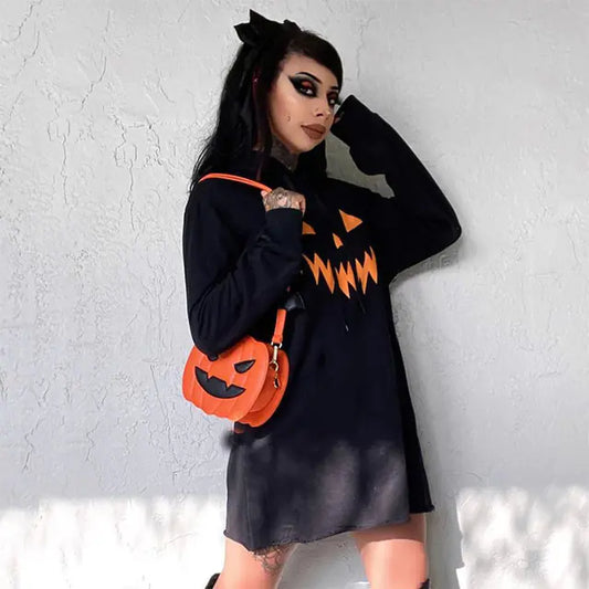 Women’s Pumpkin Print Dress | Halloween Hooded Long Sleeve Outfit