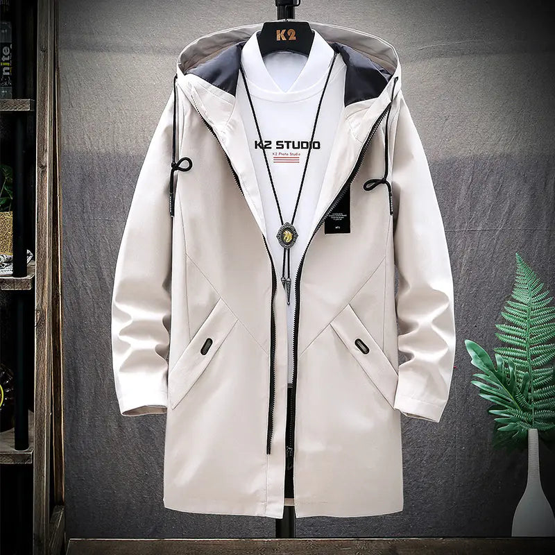 Men's Casual Mid-Length Loose Hooded Trench Coat.