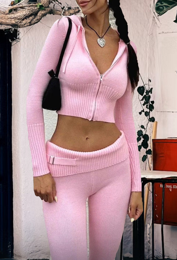 Knitted Hoodie Cropped Top And Pants Set