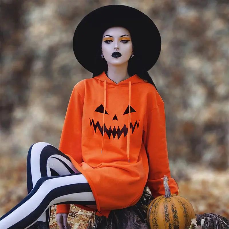 Women’s Pumpkin Print Dress | Halloween Hooded Long Sleeve Outfit