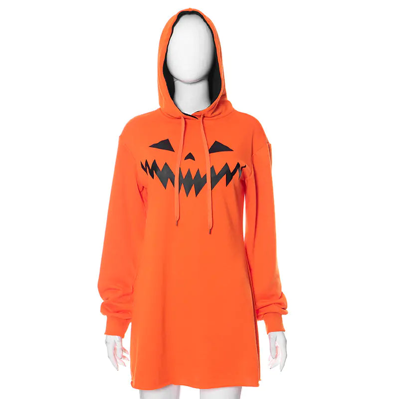 Women’s Pumpkin Print Dress | Halloween Hooded Long Sleeve Outfit