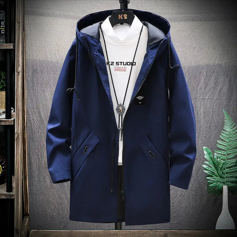 Men's Casual Mid-Length Loose Hooded Trench Coat.