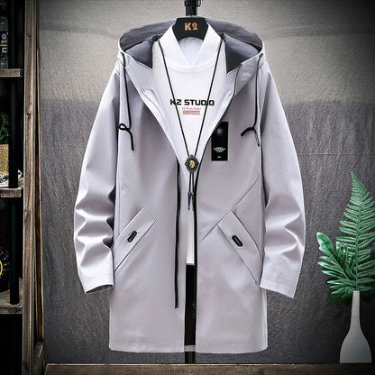 Men's Casual Mid-Length Loose Hooded Trench Coat.
