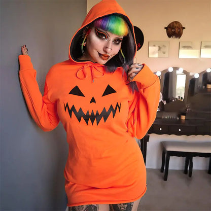 Women’s Pumpkin Print Dress | Halloween Hooded Long Sleeve Outfit