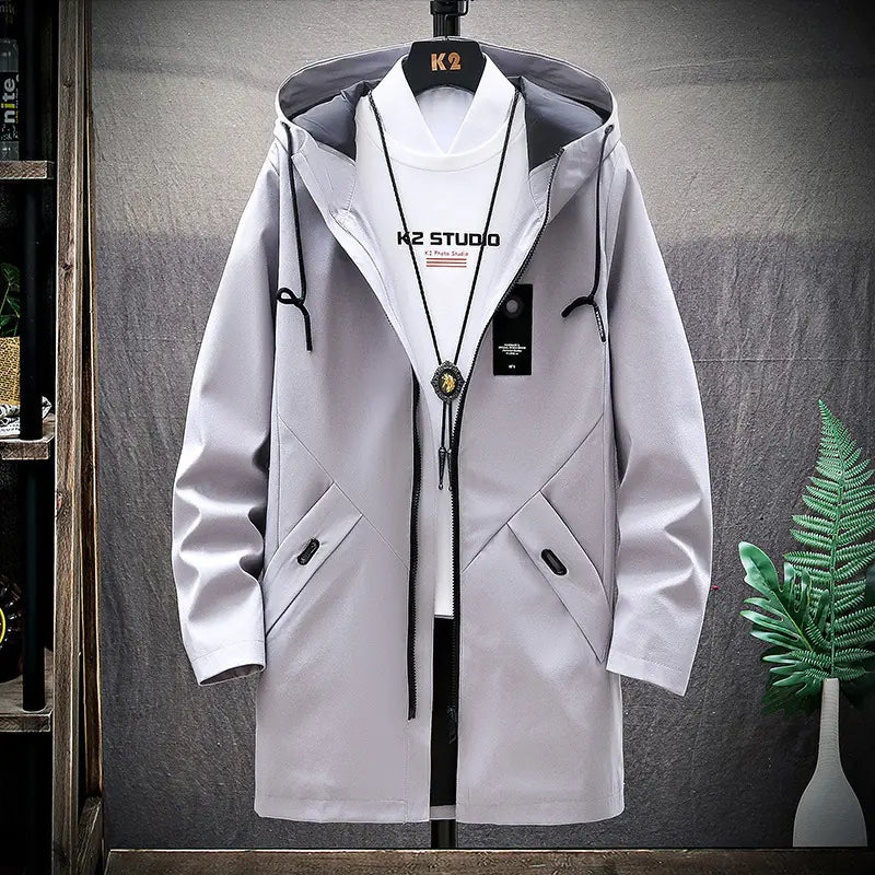 Men's Casual Mid-Length Loose Hooded Trench Coat.