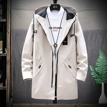 Men's Casual Mid-Length Loose Hooded Trench Coat.