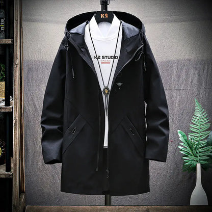 Men's Casual Mid-Length Loose Hooded Trench Coat.