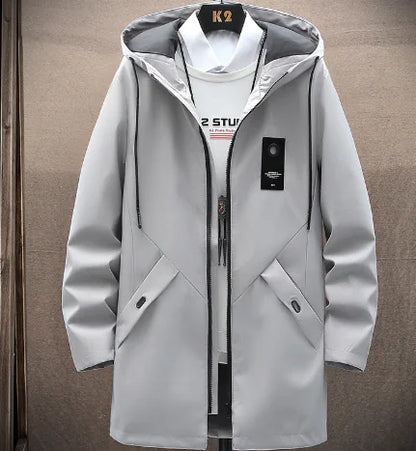 Men's Casual Mid-Length Loose Hooded Trench Coat.